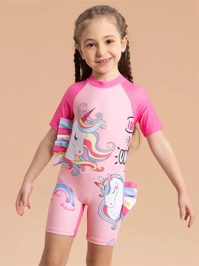 Filles enfants maillot de bain 2026 nouveau arc-en-ciel cheval siamois manches courtes maillots de b