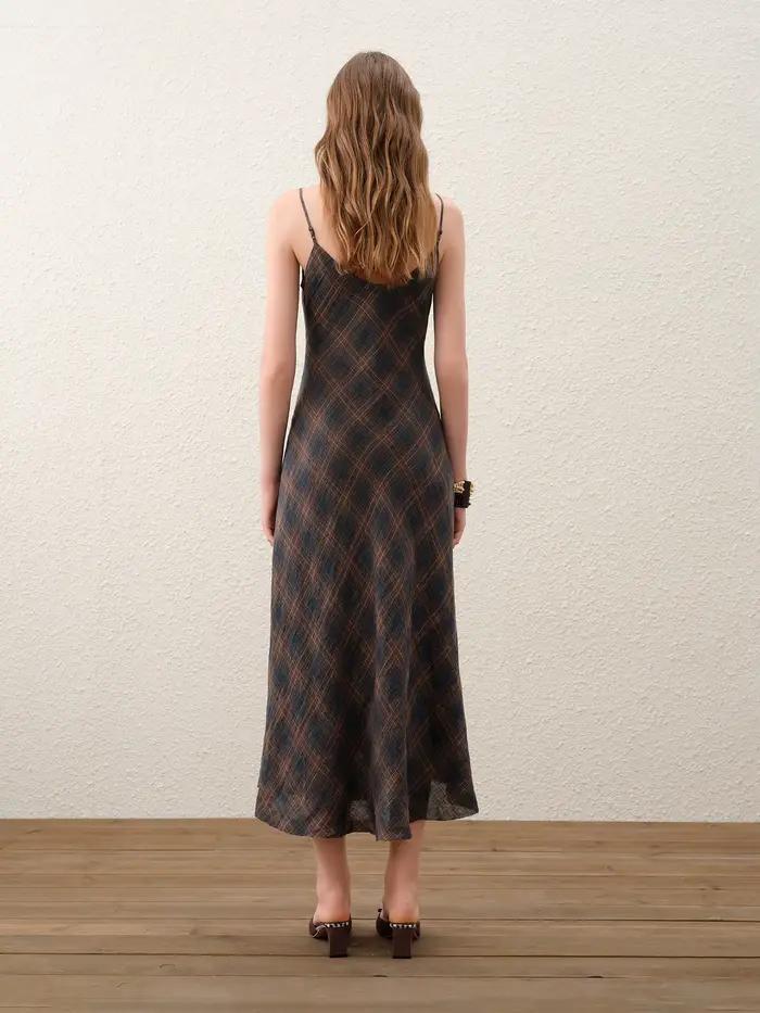 FSLE 【Série Premium】 Robe longue ajustée en lin à col en V et à carreaux rétro pour femme, nouvelle
