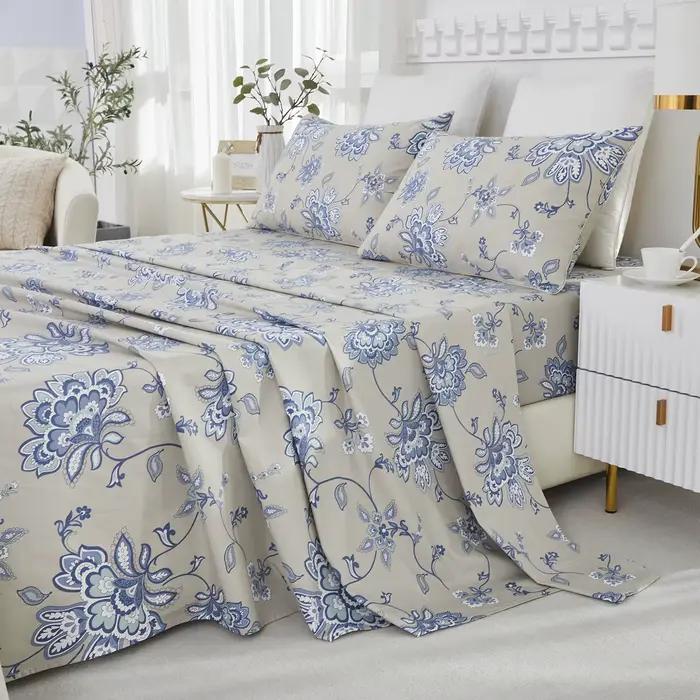 Ensemble de draps en coton égyptien 100% 600TC, 4 pièces, motif Paisley damassé bleu Boho, doux pour