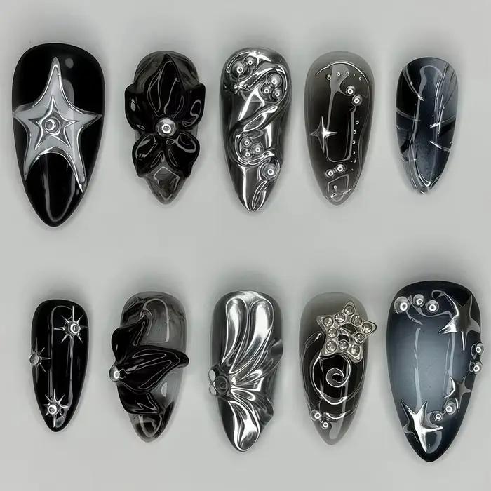 24 pièces faux ongles courts en amande ailes de papillon Nail Art avec colle paillettes fleur