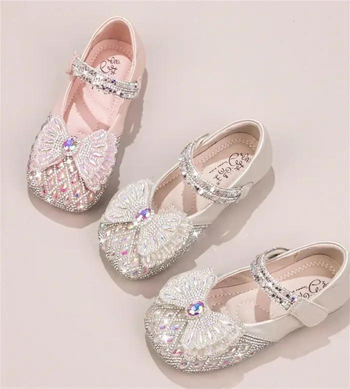 Doux bébé filles printemps/été populaire cristal mignon arc plat brillant défilé princesse chaussure