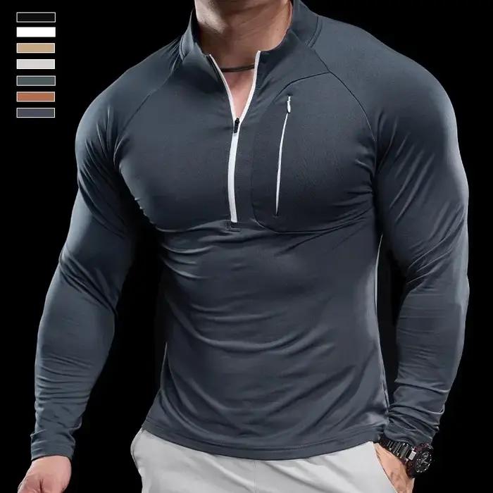 T-shirt à manches longues et col rond pour homme, vêtement de sport, de gymnastique, de course, d'en