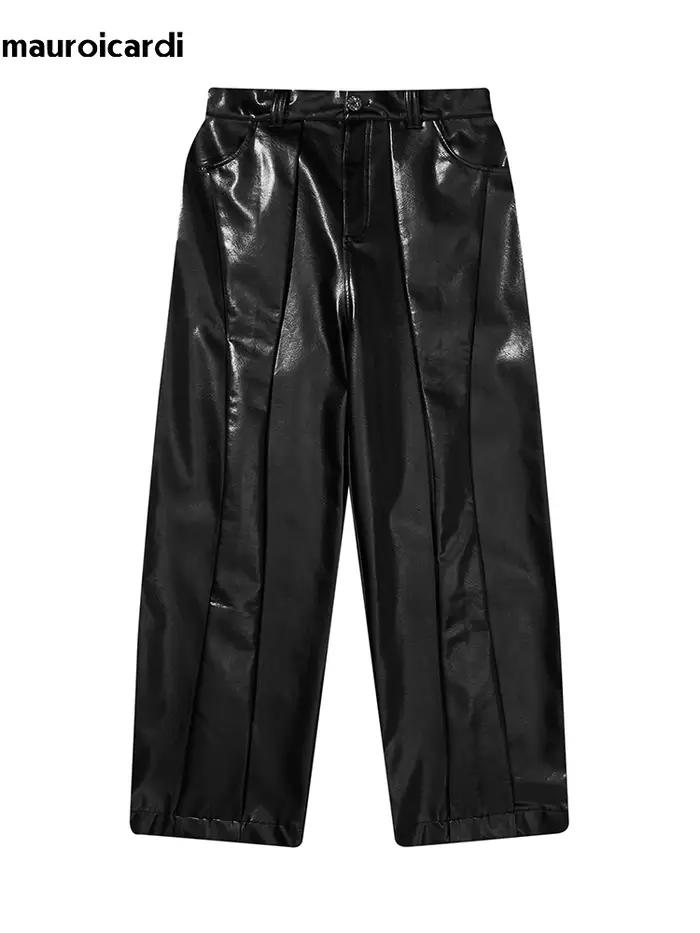 Mauroicardi-Pantalon Long en Cuir PU pour Homme, Baggy Décontracté, Noir Brcorporelle, Moulé, Verni,