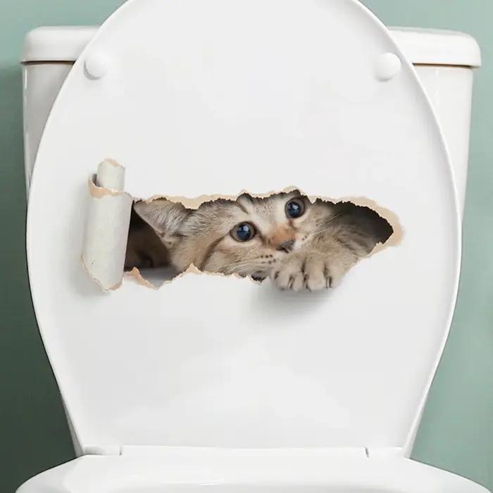 Autocollant de toilette chaton déchiré, effet 3D, pour siège de toilette de salle de bains, autocoll