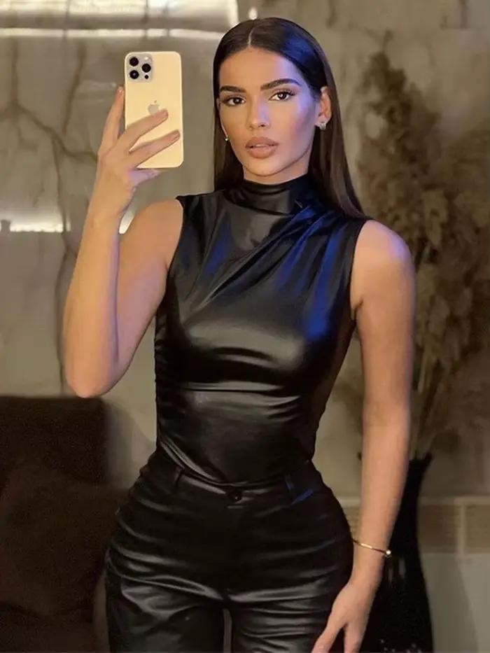 Débardeur Vintage Pu Simple pour femmes, Y2K, basique, taille haute, slim, coupe Shrunk, hauts sans