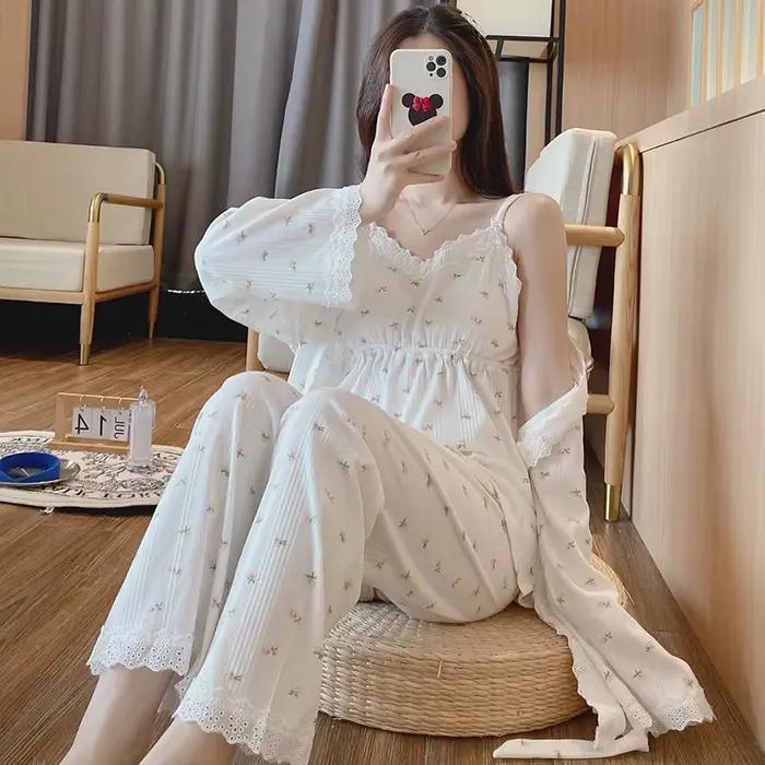 3 pièces/ensemble coton vêtements de nuit de grossesse chemise de nuit d'allaitement vêtements de nu