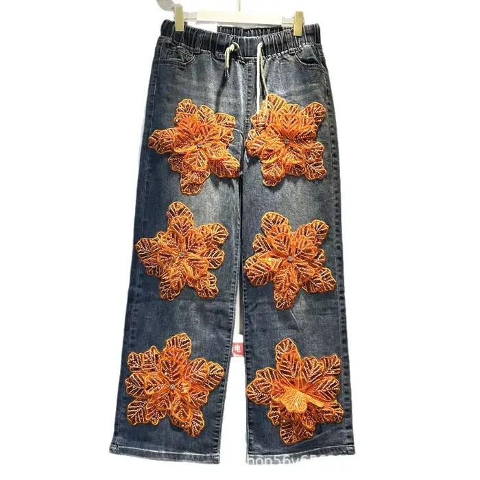 Jean de luxe à fleurs 3d et diamants pour femme, pantalon en Denim droit, taille haute, extensible,