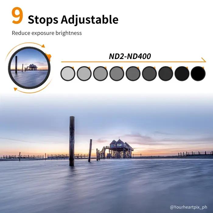 K&F CONCEPT Filtre d'objectif HD ND2 à ND400 Fader 9 arrêts Facile à Variable Densité neutre réglabl
