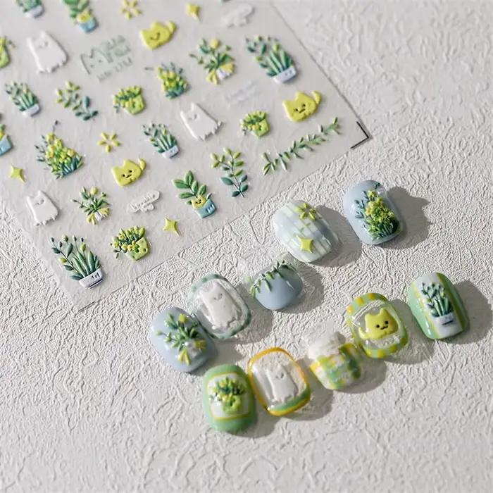 Autocollants pour ongles, 1 pièce, joli chat vert, plante en pot, fleurs, Reliefs 5D, autocollants a