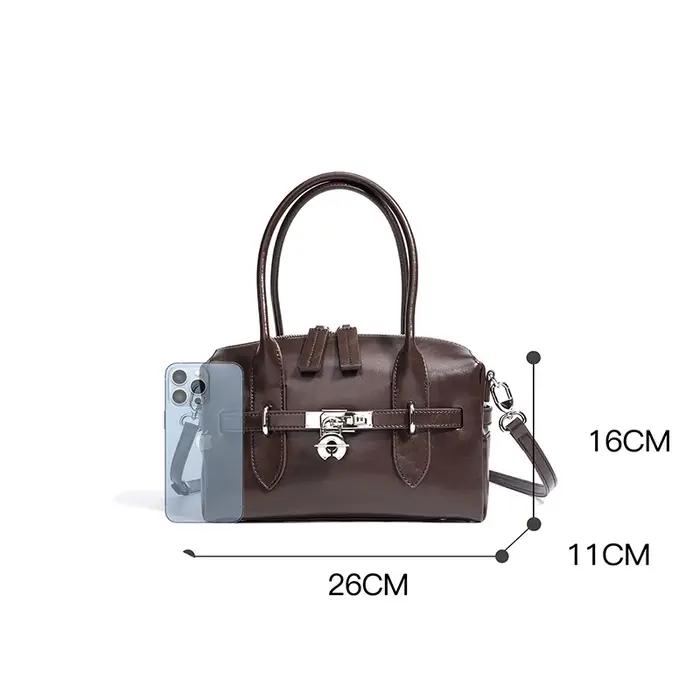 Sac à main Boston en cuir de Grain pour femmes, sac à main spacieux avec serrure, sac à bandoulière