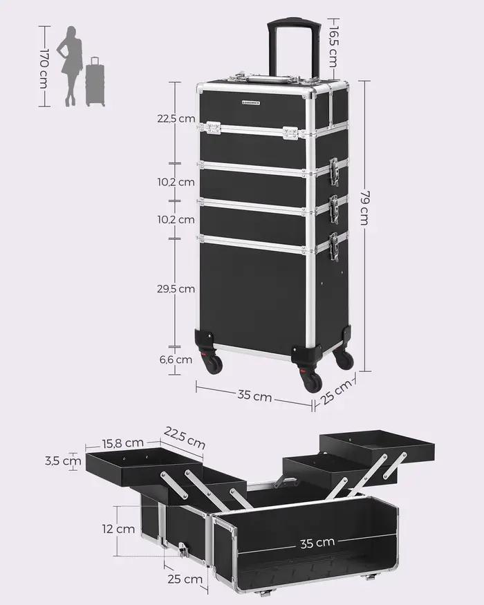 Coffret à Maquillage 4 en 1, Valise à Maquillage, Verrouillable, Roulettes, Noir