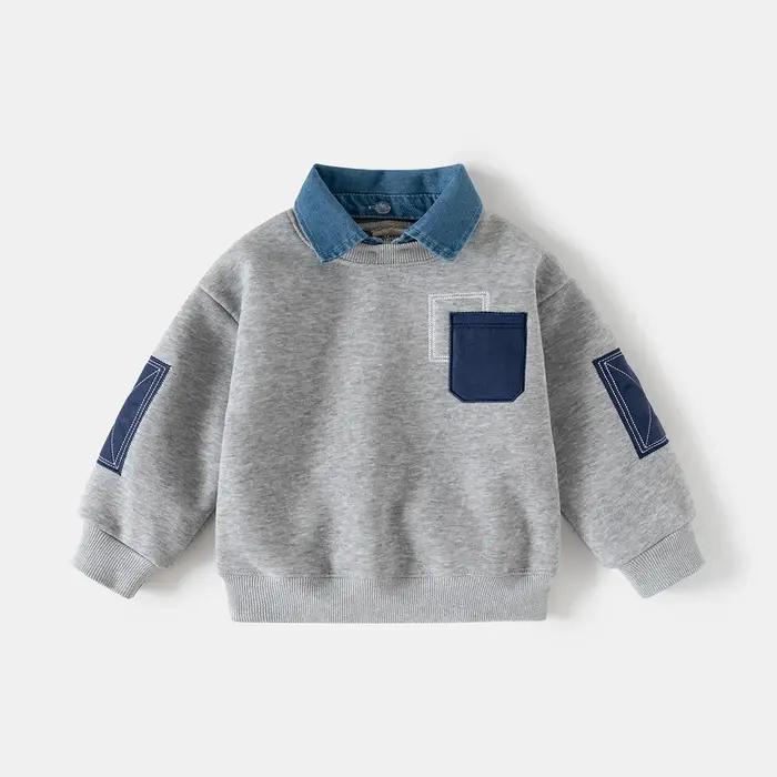 Sweat-shirt pour enfants printemps, pull en molleton à col en jean pour garçons avec poche plaquée,