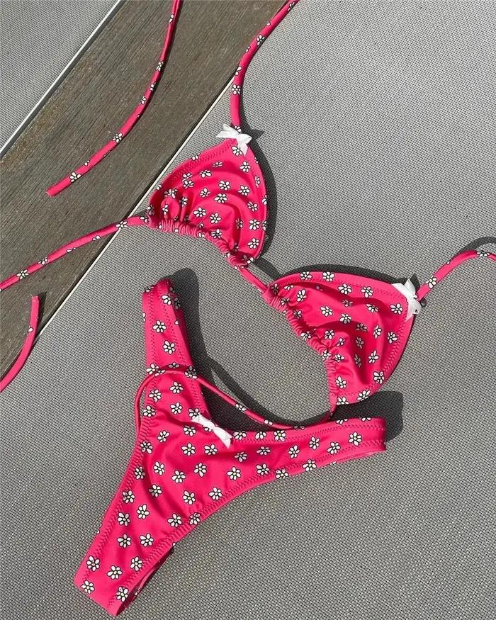 Maillot de bain deux pièces imprimé fleurs pour femme, bikini licou, coupe haute, baigneur, baigneur