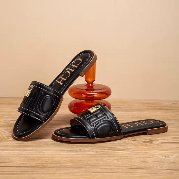 CHCH chaussures plates pour femmes été nouvelles sandales en relief de couleur unie pantoufles de mo
