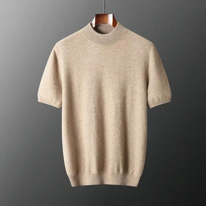 Pull à manches courtes en cachemire pur pour hommes, pull en tricot décontracté, ample, col semi-hau
