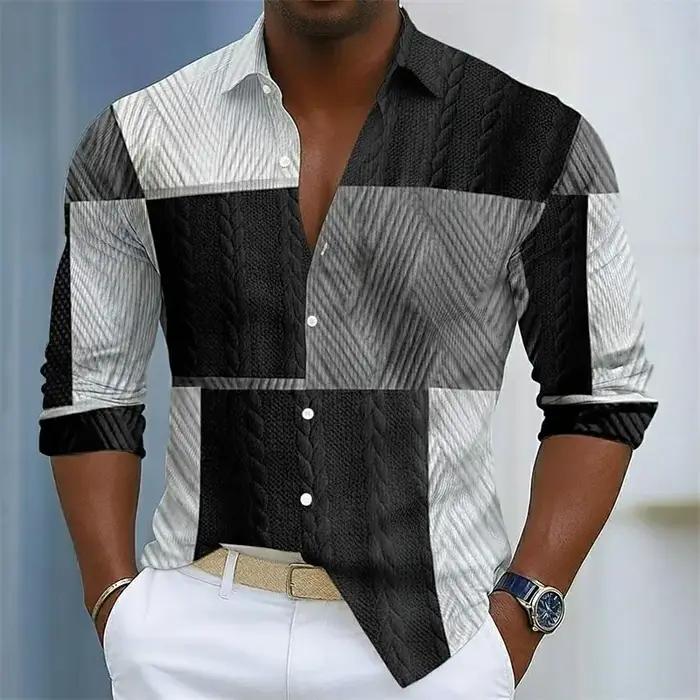 Chemise à manches longues à imprimé rétro à carreaux pour hommes, devant boutonné pour un usage quot
