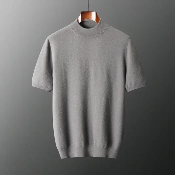 Pull à manches courtes en cachemire pur pour hommes, pull en tricot décontracté, ample, col semi-hau