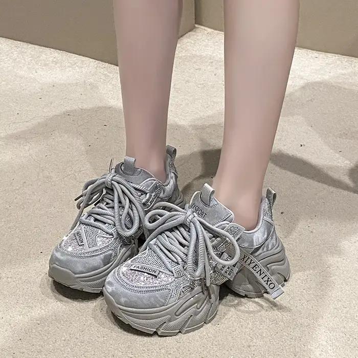 Chaussures décontractées pour femmes en cuir microfibre 6CM, nouvelles baskets épaisses à plateforme