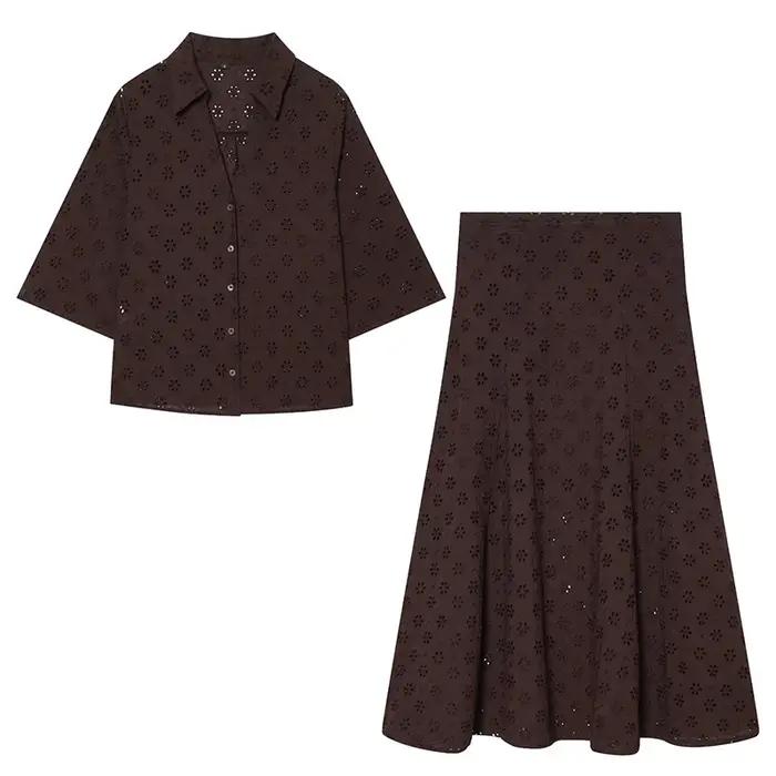 YENKYE Nouvelle jupe midi marron brodée ajourée pour femme 2026, décontractée, taille haute, coupe t