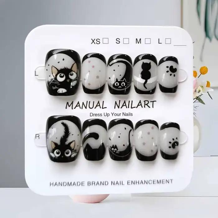 10 pièces dessin animé mignon chat noir bleu gris géométrie à la main presse sur les ongles tête car