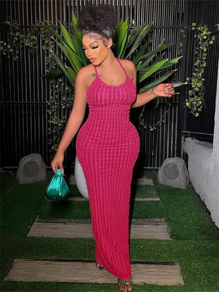 Kliou solide froncé Spaghetti sangle pansement Maxi robe femmes décontracté sans manches dos nu moul