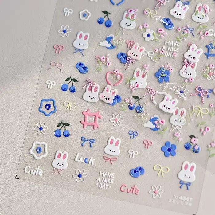 Autocollants pour ongles lapin 5D Kawaii, 1 pièce, dessin animé japonais, fleur rose bleue, adhésif,