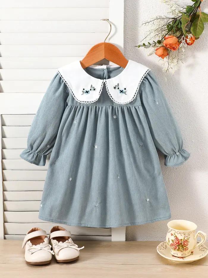 Robe en velours côtelé brodée de fleurs pour jeunes enfants, col brodé bicolore, robe à manches long