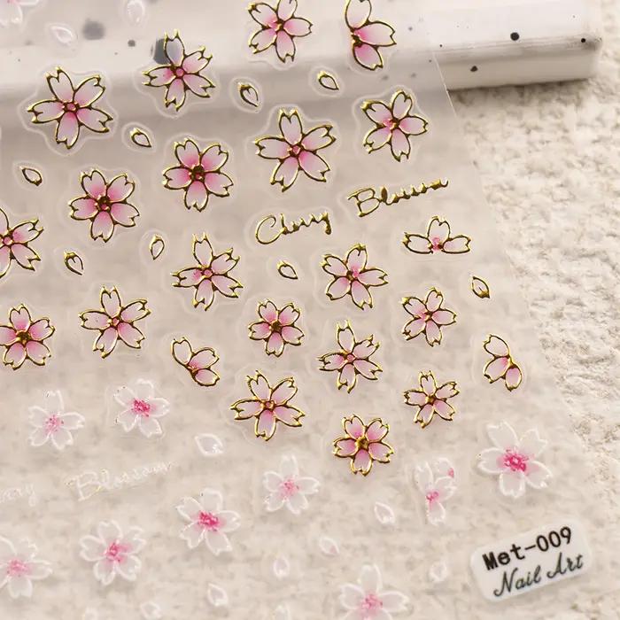 Autocollants 3D pour ongles, motif fleurs de cerisier, fleurs de pêcher, marguerites, feuilles dorée