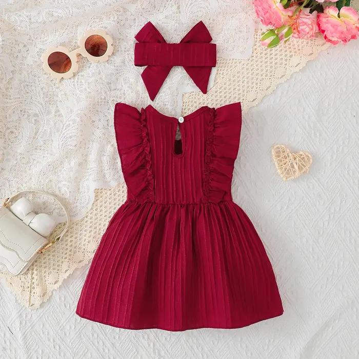 Robe sans manches pour bébé fille, couleur unie, bords à volants, robe d'été + bandeau, robe du nouv