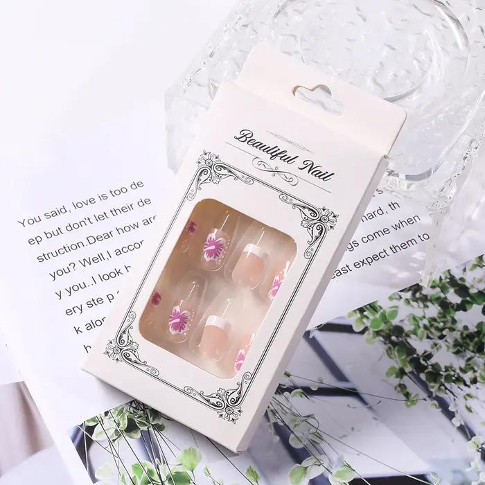 24 pièces blanc rose fleur acrylique faux ongles court carré français faux ongles portable couvertur