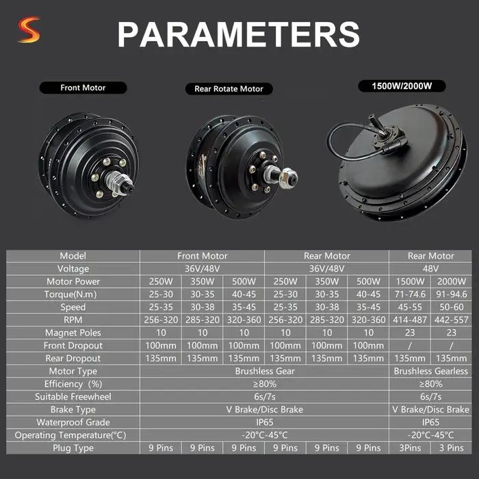 Moteur de moyeu de vélo électrique 36V 48V 250W 350W 500W 2000W compatible 20 24 26 27.5 28 29 pouces 700C avant arrière pour roues de vélo électrique haute performance