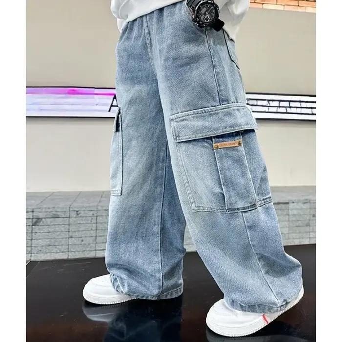 Pantalons cargo en denim pour garçons, mode printemps-automne, jeans décontractés pour enfants et ad