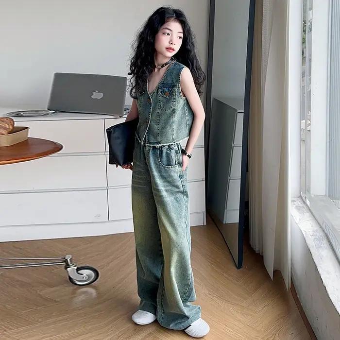 Haute couture enfant Streetwear jean ensemble pour filles décontracté Denim 2 pièces costume tenues