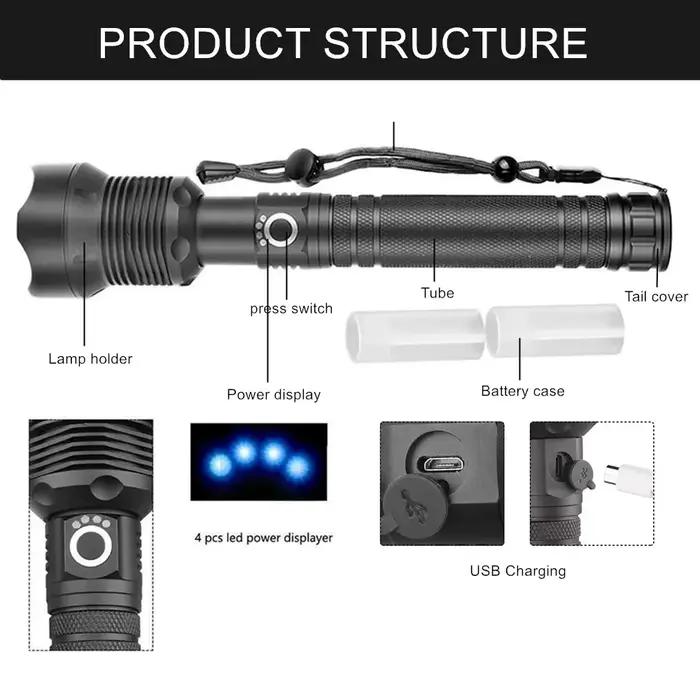 Lampe de poche Ultra LED en alliage d'aluminium, 2024 lumens, compagnon zoomable, camping, urgences,