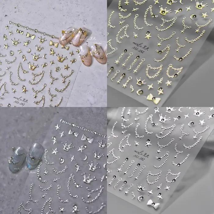 Autocollants pour ongles en chaîne étoile diamant 5D, 1 pièce, or argent, auto-adhésifs, décorations