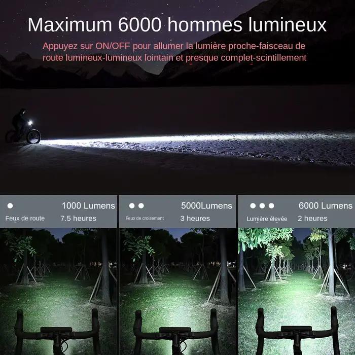 Lampe avant vélo NEWBOLER 6000 lumen batterie 8000 mAh étanche pour cyclisme nocturne sécurité et visibilité