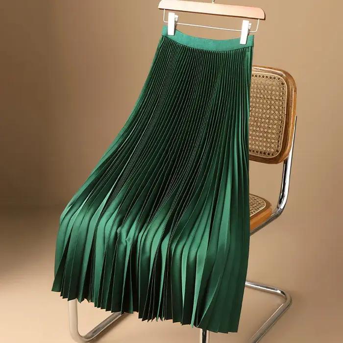 Jupe mi-longue plissée taille haute pour femme, jupe trapèze, jupe longue, satin lisse, ceinture éla