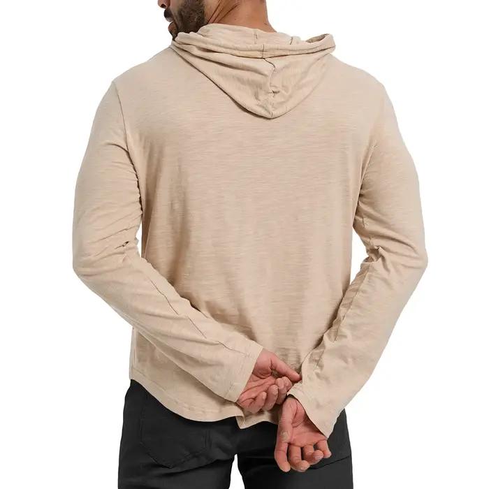 T-shirt à manches longues pour hommes, couleur unie, design à capuche, respirant, léger, avec cordon