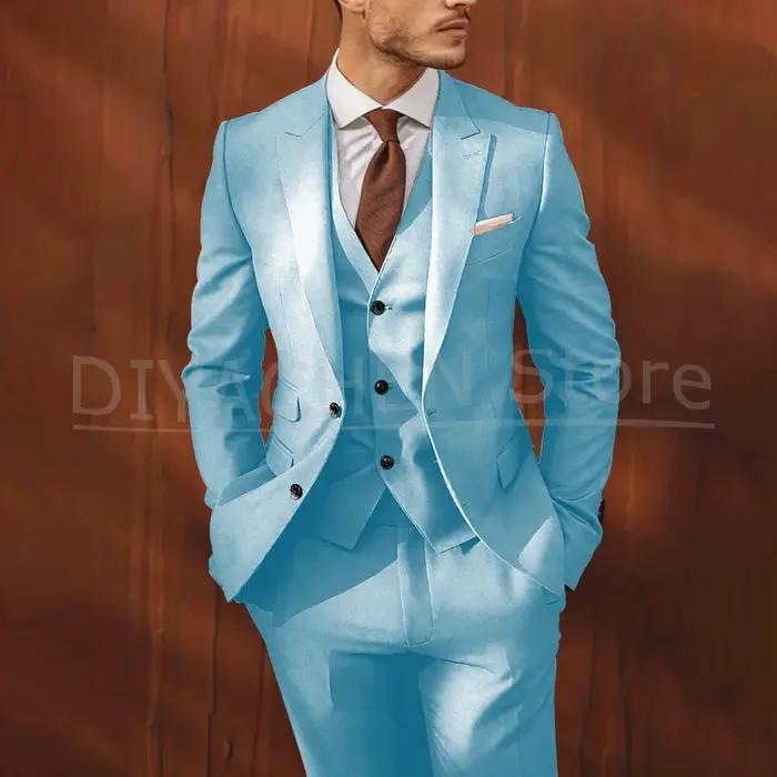 Élégant solide hommes costumes 3 pièces simple boutonnage pic revers smoking marié fête de mariage C