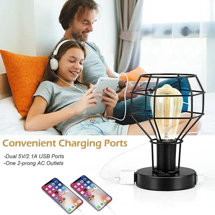 Petite lampe de table industrielle avec port de charge USB, lampe de bureau vintage avec prise pour
