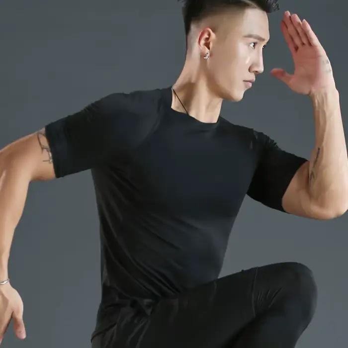 T-shirt de sport à manches courtes pour hommes, séchage rapide, haut de fitness, chemise moulante, e