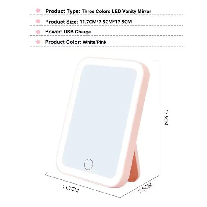 Miroir de courtoisie LED portable avec écran tactile, 3 couleurs, aste par USB, gradation, maquillag