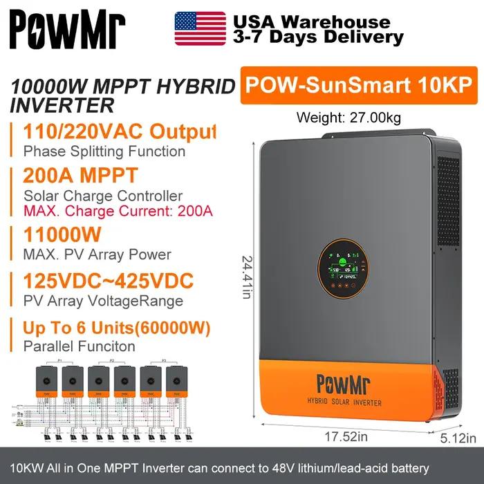 PowMr-Onduleur Solaire MPPT à Phase Partagée, Puissance Nominale de 10KW, Sortie 120/Kampylique, Bat