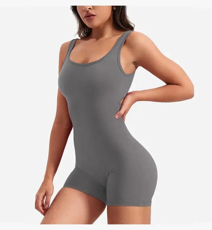 Vêtements de sport pour femmes Yoga solide froncé dos nu sans manches col carré maigre Sexy barboteu