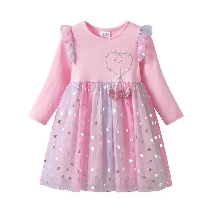 VIKITA fille manches évasées automne printemps robe rose enfants coeur forme maille Tulle princesse