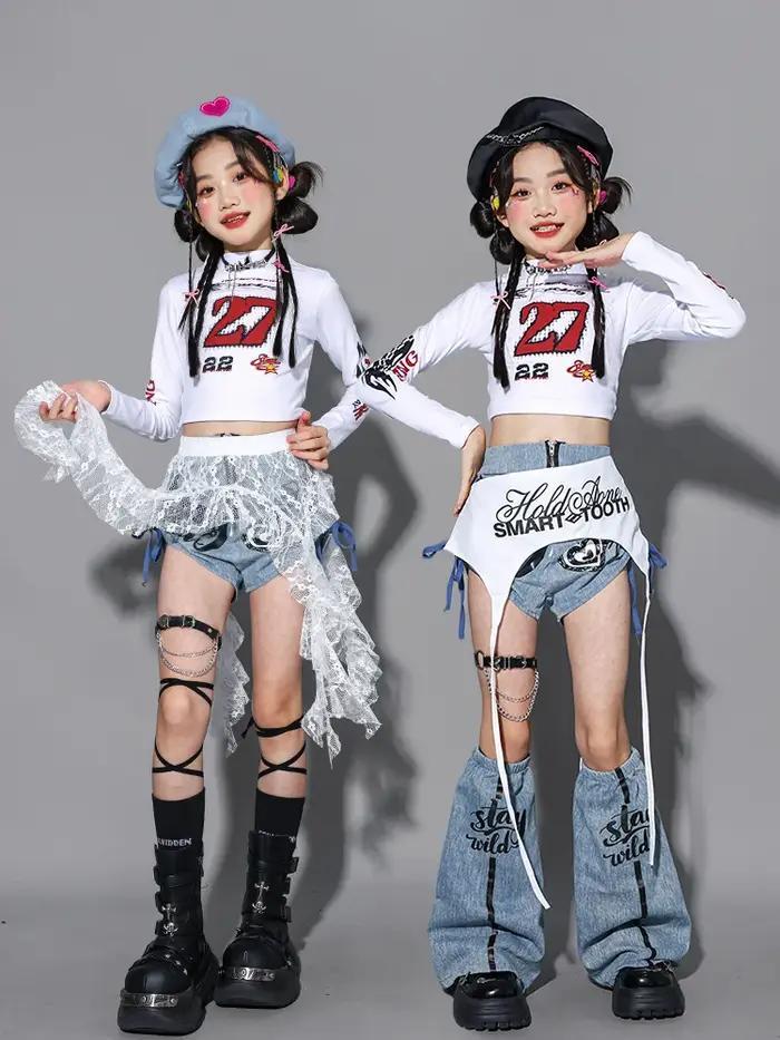 Vêtements de danse Kpop pour filles, tenue de spectacle de jazz sur scène, haut court blanc, short e