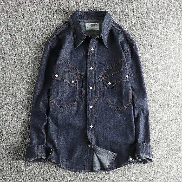 Réplique de chemise en jean pour hommes, Style rétro occidental américain, avec boutons en perles, n