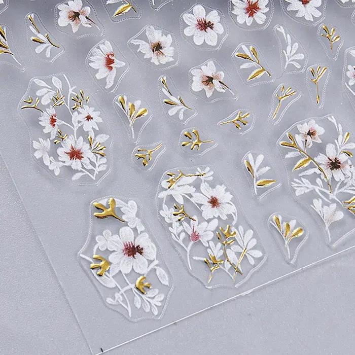 Autocollants 3D pour ongles, motif fleurs de cerisier, fleurs de pêcher, marguerites, feuilles dorée