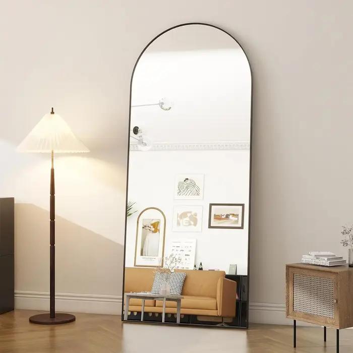 Miroir pleine longueur arqué sur pied, miroir Leautobloquant, cadre en aluminium, décoration d'intér