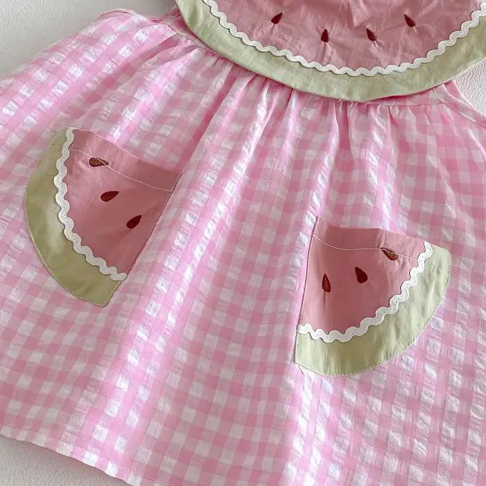 Nouvelle Robe d'été 2026 pour Enfants, Style Doux, Rose à Carreaux Pastèque, Sans Manches, Légère, V